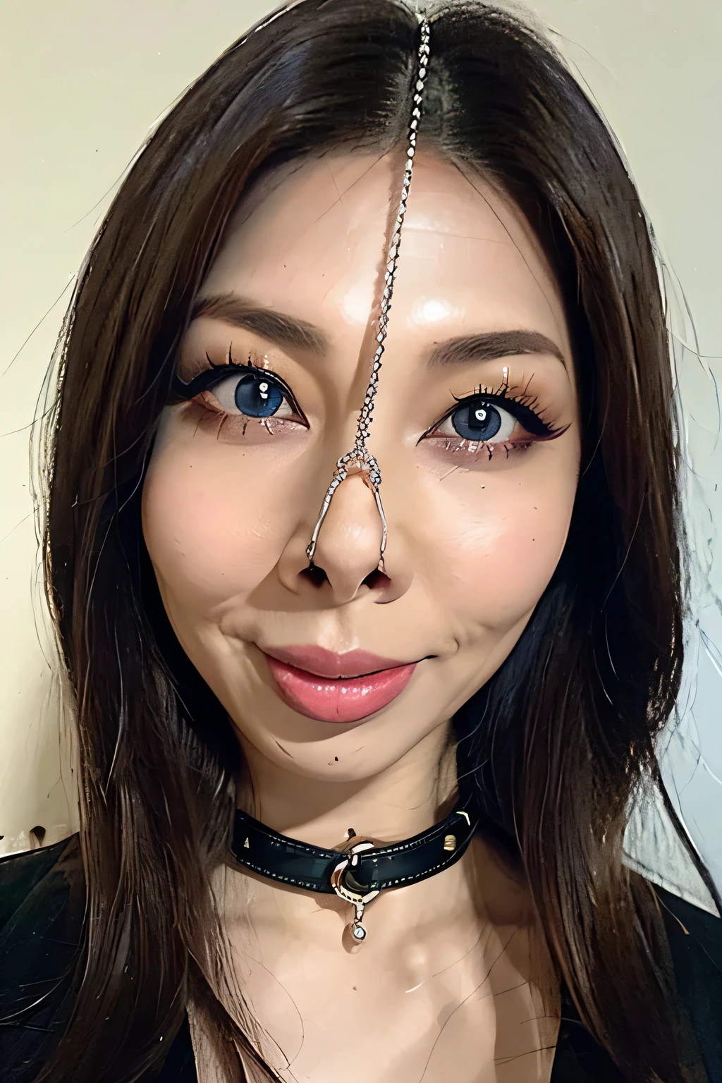 (nsfw:-2), realistic, photo-realistic,masterpiece,best quality,high resolution, extremely detailed, intricate details, (portrait,face focus),solo,1girl,a Japanese mature woman,(frowning), dark blue hair,Long hair, detailed face,detailed eyes,dark blue eyes, beautiful pupils,big double eyelid, long eyelashes,pale skin, sweaty,shiny skin, sophisticated nose,realistic nostrils,long and narrow nasal cavity, collarbone,(wearing a revealing blouse, sweetheart neckline, shorts),(nose hook,strap),(metal collar, chained, leashed),Heavy Makeup,(tongue out),smile,High Angle, close, Fisheye Lens,