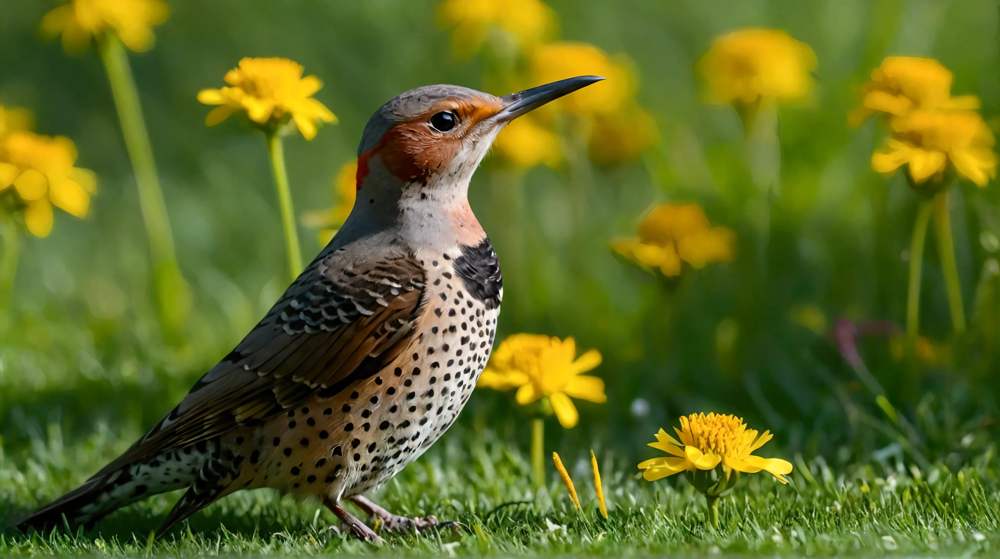 Ultra-high-definition 8K close-up photo of a Northern Flicker perched gracefully on a vibrant green lawn. The bird is in a striking pose, surrounded by the lush green grass, with scattered golden leaves and bright yellow wildflowers adding color and detail to the scene.