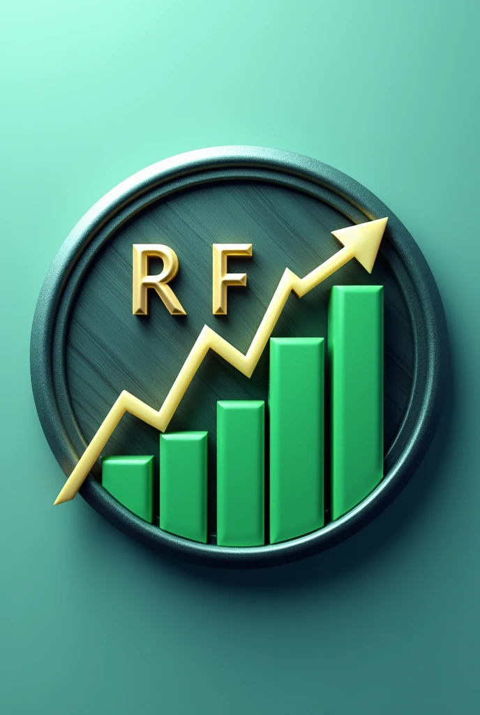 "Create a circular mobile app icon with 3D effect. The icon should show a rising line chart, with a bright green ascending line indicating financial growth. The icon background should have a smooth texture, like brushed metal, in shades of blue or gray, which adds depth and realism to the design. The icon border should be lightly shaded to reinforce the 3D effect. Subtle Financial Elements, as embossed vertical bars, Large capital letters R and F in gold color must be included behind the graph., but without taking the focus off the ascending line."