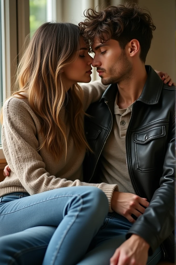 a couple, beautiful mbti intp girl, messy wavy long hair,  body, small chest, sweater top, jeans pants, handsome mbti istp man, messy short hair, big muscles, leather jacket, jeans pants 