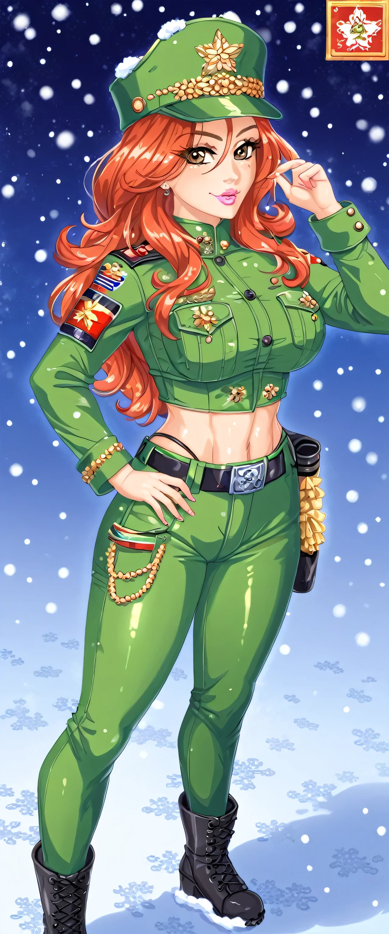 A tall sexy nice friendly happy Soviet Russian military girl with long smooth red hair and brown eyes and pink lips wears a metallic green top with a black patch on her chest and a yellow ribbon on her waist and a large metallic green pants with a sensual thigh and a large yellow boot wearing a black Soviet winter cap 