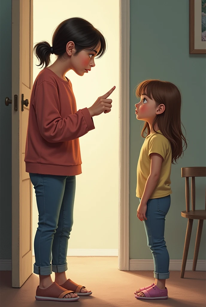 Make the following illustrations according to the instructions for a story.
illustration: The girl's mother pointing her finger, while the girl listens attentively. You can show the concern on the mother's face.