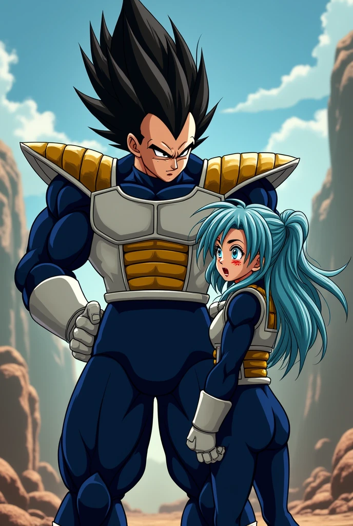 Vegeta's hair is standing on end. He was wearing a dark blue suit and on top of it the typical armor that Saiyans wear. against his daughter Bura, right, Dragon Ball GT Bura, girl with light blue hair, blue eyes, dark blue suit, typical armor used by Saiyans, loose hair, bangs, headband, hurt, blood, wounded, pain, father and daughter.