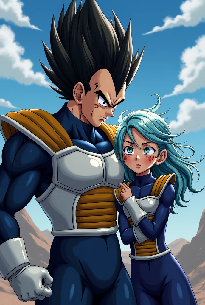 Vegeta's hair is standing on end. He was wearing a dark blue suit and on top of it the typical armor that Saiyans wear. against his daughter Bura, right, Dragon Ball GT Bura, girl with light blue hair, blue eyes, dark blue suit, typical armor used by Saiyans, loose hair, bangs, headband, hurt, blood, wounded, pain, father and daughter.