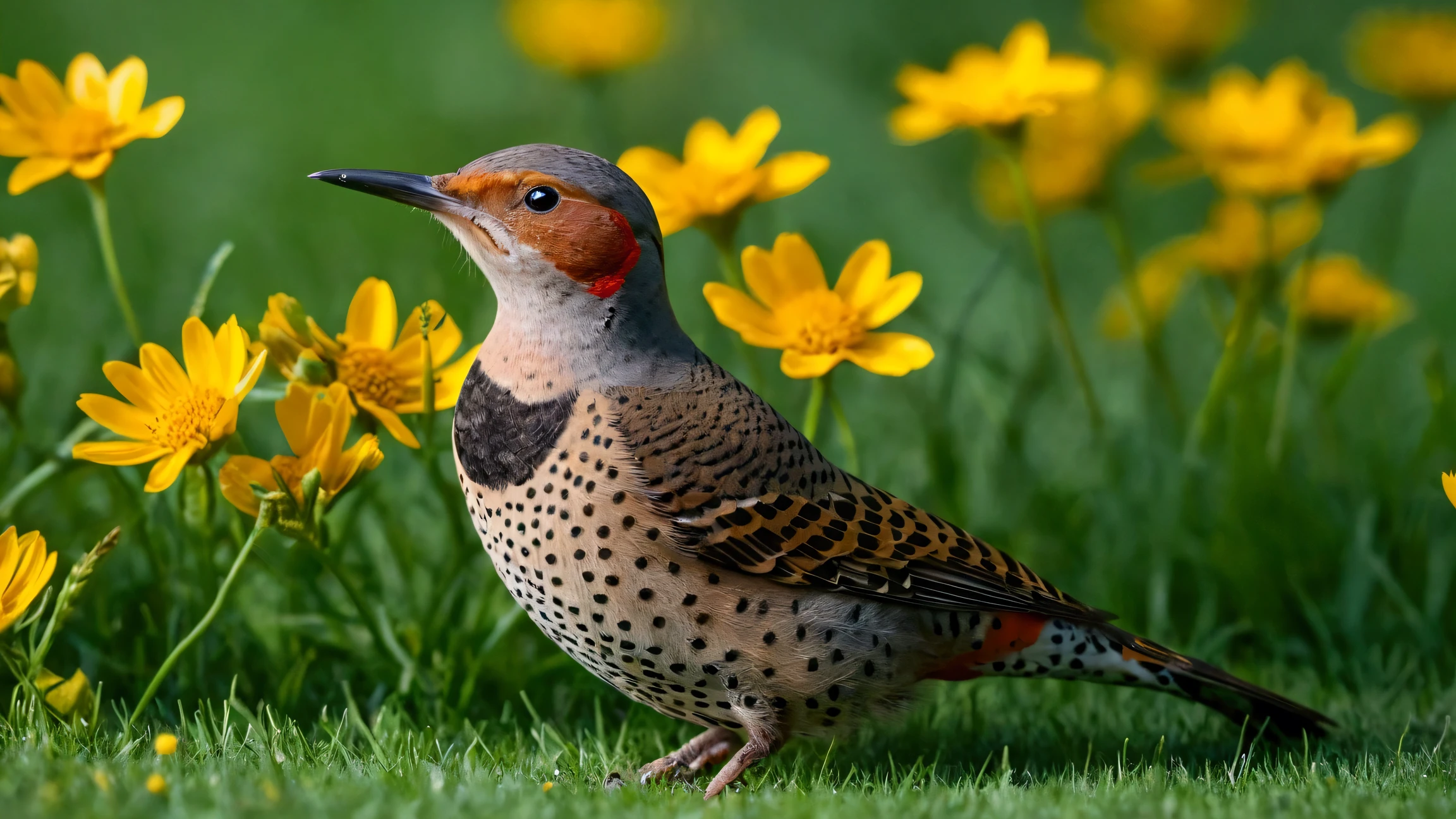 Ultra-high-definition 8K close-up photo of a Northern Flicker perched gracefully on a vibrant green lawn. The bird is in a striking pose, surrounded by the lush green grass, with scattered golden leaves and bright yellow wildflowers adding color and detail to the scene.