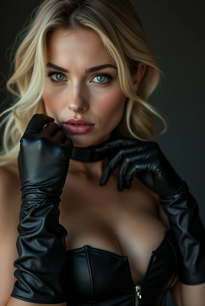 a close up of a woman wearing Black gloves and a dress, Anna Nikonova、Also known as New Milky, Aleksandra Waliszewska, Elena Belova, Gorgeous blonde, Incredible beauty, Black gloves, Angelina Stroganova, Wearing a leather corset, Dasha Taran, Portrait of Sophie Mudd, Amazing beauty, Beautiful blonde girl
