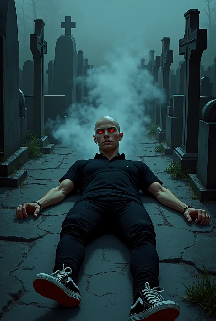 (masterpiece, Highest quality:1.2), Comics in Chrome、Japanese Manga、scenes of him being teleported to hell he is lying in bed and doesn't understand anything, kor: 22 years Appearance: tall and slim, but surprisingly strong, has his head shaved, without even a strand of hair.enhances your intense red eyes, that seem to penetrate the soul of those who look at them.outfit: Always dressed in black from head to toe, he wears sneakers, pants and short sleeve shirt that perfectly match your Brazilian Manhwa style, giving it an enigmatic and intimidating air.
He turned into dust in the wind but he turned into smoke, he is in the cemetery