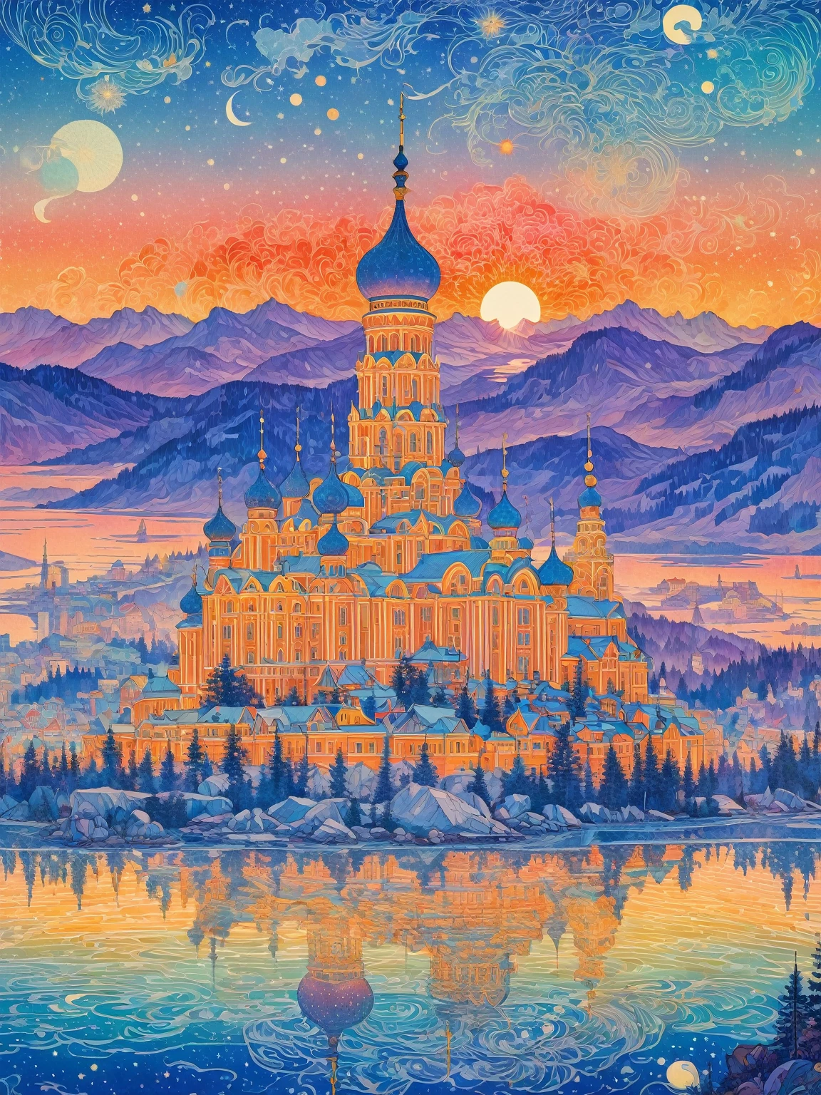 Close-up of a poster,The background is a building, A starlit city at sunset, Ivan Bilibin (Ivan Bilibin) of inspiration, Grainy Risograph Matte, Sacred City | illustration, inspired author:Igor Grabar, slav epic, Magical Soviet town, author:Igor Grabar, 受到瓦西里·马克西莫夫of inspiration, Andrei Ryakin (Andrei Ryabushkin) of inspiration