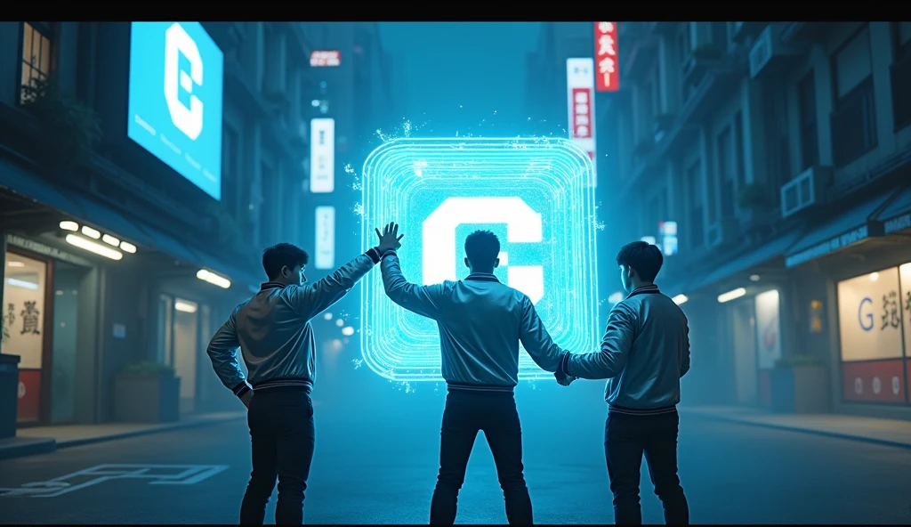 far-shot camera, Asian 3 male character stands in front of a giant cube hologram logo with the words "UrBox" in the wide growded street, character touch the hologram, The hologram logo explodes and emits an all-encompassing blue light. Outfit: Silver jacket, wae glass, strong gestures. Setting: Small alley between cyberpunk buildings. Lighting: Dark colors, faint blue lights from billboards. Effects: LED strips on the device gradually glow. Special: The scene evokes a sense of suspense and anticipation.