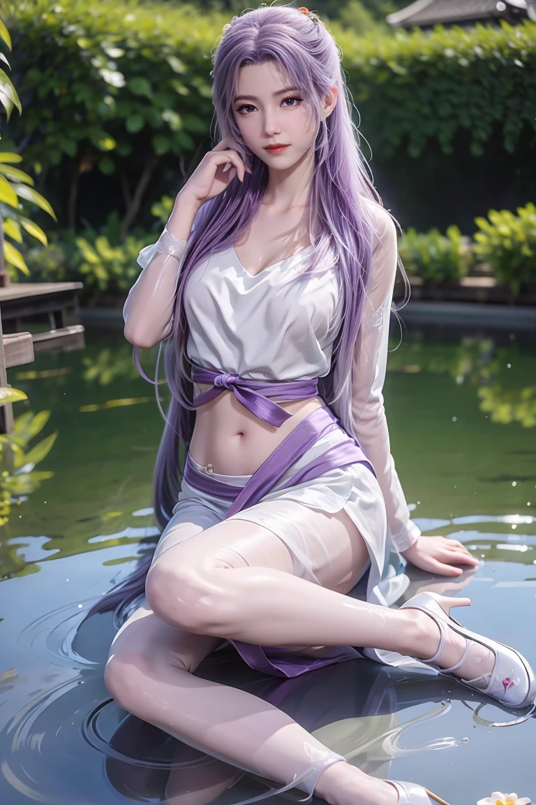 Chinese purple cheongsam，Long legs，In the bedroom，full-body shot，Wear purple high heels，Lying in the water，Wet hair，Clothes are wet，Transparent bikini，Large cups，Show your belly button，Bikini，Very large breasts，Show your belly button