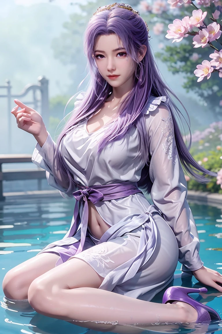 Chinese purple cheongsam，Long legs，In the bedroom，full-body shot，Wear purple high heels，Lying in the water，Wet hair，Clothes are wet，Transparent bikini，Large cups，Show your belly button，Bikini，Very large breasts，Show your belly button