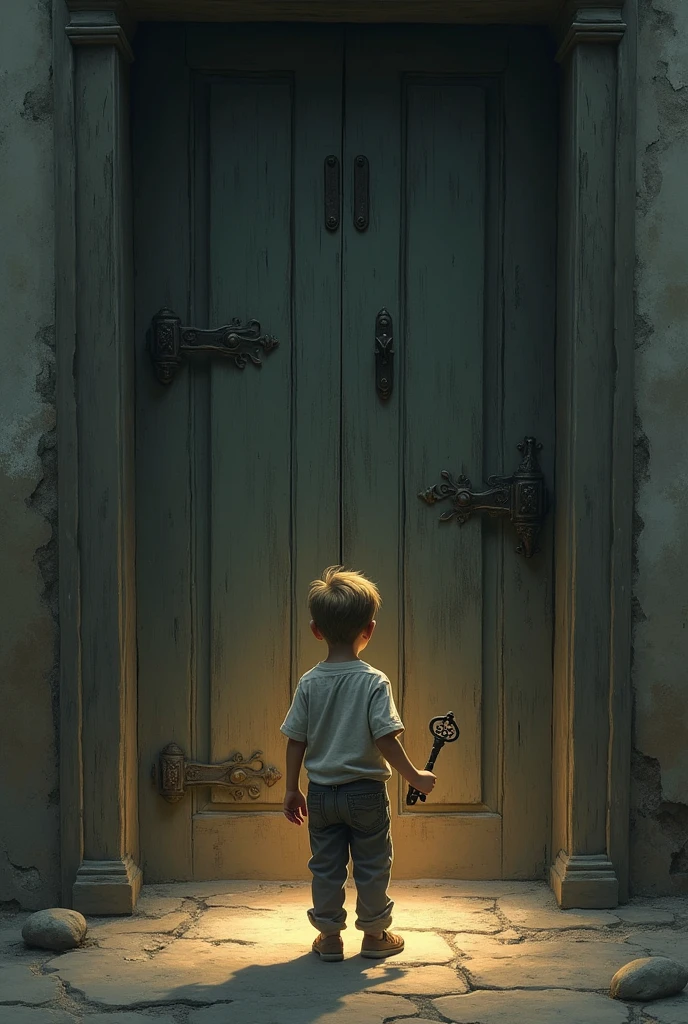 A brief glimpse of the old man as a young boy, standing in front of a mysterious door, hesitating with the same key in hand. The scene flickers back to the present.
