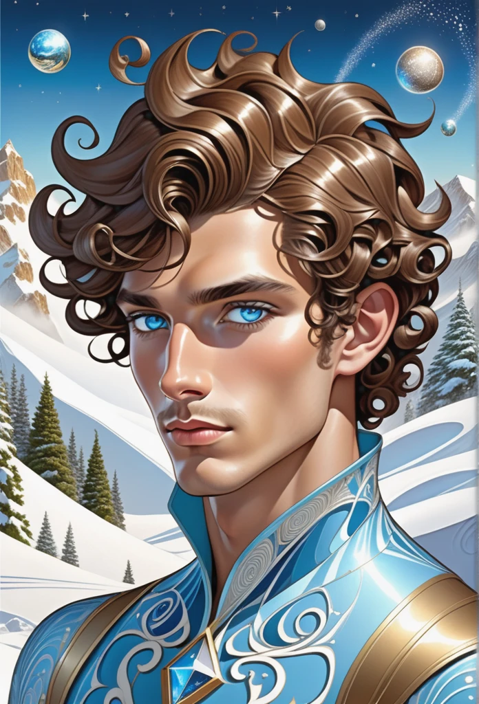 Surrealist Art Nouveau male , Junior fashion, Pacific Islanders, Light blue eyes, Curly ears, High jawline, cheekbones, Chestnut crew cut hair, Sarcasm,, Engaged in astral projection, Seek knowledge from the outside, witch, (astronomer,an avalanche of snow,dashed,Spray foam insulation Brownian motion,solid,astral,Dodecahedron,Pentagon magic:1.0) Lightning magic , Standing tall, One finger forward, Directing energy, Wisps of fire, SimplepositiveXLv1,Ultra-high resolution, the wallpaper, 8k,Rich texture details, ultra - detailed, Detailed eyes, Detailed background, Dramatic angle, Professional lighting,Epic composition, . elegant, decor, Curved form, Inspired by nature, opulent, Detailed . Dreamlike, mysterious, Provocative, sigature, Intricate, Detailed, middke name harsh 