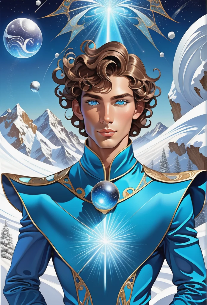 Surrealist Art Nouveau male , Junior fashion, Pacific Islanders, Light blue eyes, Curly ears, High jawline, cheekbones, Chestnut crew cut hair, Sarcasm,, Engaged in astral projection, Seek knowledge from the outside, witch, (astronomer,an avalanche of snow,dashed,Spray foam insulation Brownian motion,solid,astral,Dodecahedron,Pentagon magic:1.0) Lightning magic , Standing tall, One finger forward, Directing energy, Wisps of fire, SimplepositiveXLv1,Ultra-high resolution, the wallpaper, 8k,Rich texture details, ultra - detailed, Detailed eyes, Detailed background, Dramatic angle, Professional lighting,Epic composition, . elegant, decor, Curved form, Inspired by nature, opulent, Detailed . Dreamlike, mysterious, Provocative, sigature, Intricate, Detailed, middke name harsh