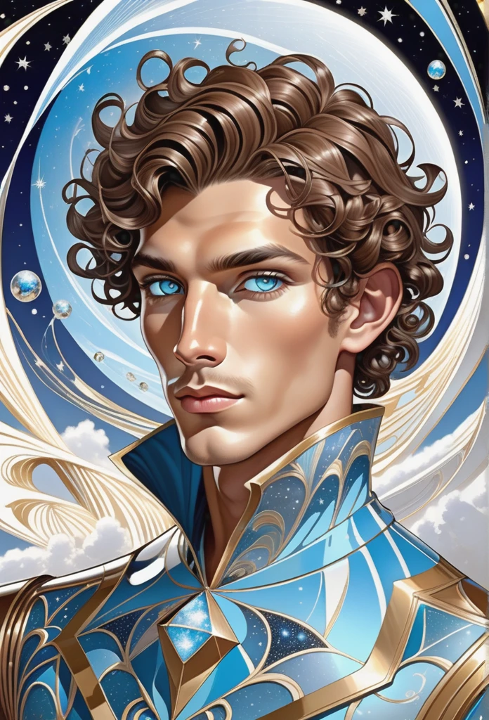 Surrealist Art Nouveau male , Junior fashion, Pacific Islanders, Light blue eyes, Curly ears, High jawline, cheekbones, Chestnut crew cut hair, Sarcasm,, Engaged in astral projection, Seek knowledge from the outside, witch, (astronomer,an avalanche of snow,dashed,Spray foam insulation Brownian motion,solid,astral,Dodecahedron,Pentagon magic:1.0) Lightning magic , Standing tall, One finger forward, Directing energy, Wisps of fire, SimplepositiveXLv1,Ultra-high resolution, the wallpaper, 8k,Rich texture details, ultra - detailed, Detailed eyes, Detailed background, Dramatic angle, Professional lighting,Epic composition, . elegant, decor, Curved form, Inspired by nature, opulent, Detailed . Dreamlike, mysterious, Provocative, sigature, Intricate, Detailed, middke name harsh
