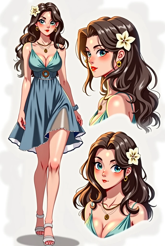 Very Long Hair, High Resolution, Brown Hair, Curvy lithe Figure Blush, Smile, Heterochromia, Bright Pupils, Simple background, Multiple Views, Hair Flower, blue dress, white sandles, gold jewelry
