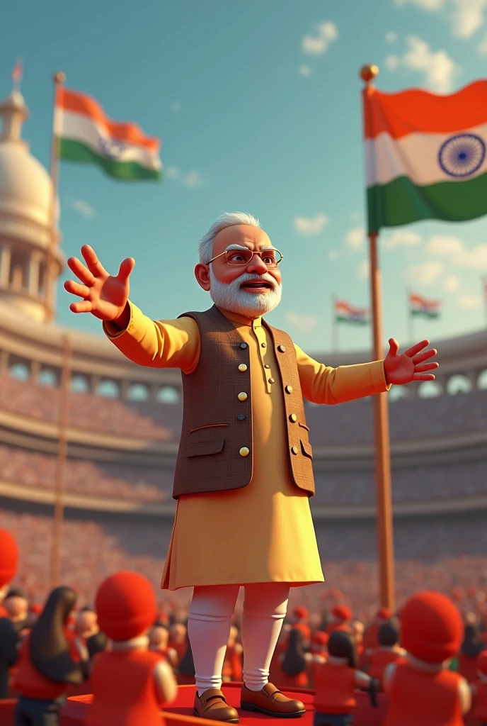 In cinematic 3D cartoon style video A portrait of Narendra Modi, the Prime Minister of India, delivering a powerful speech on a grand stage. He is dressed in his signature kurta and jacket, with a calm yet determined expression on his face. The background showcases a large audience with the Indian flag prominently displayed, symbolizing national pride. Elements like the 'Swachh Bharat Abhiyan' logo, gears representing 'Make in India,' and a digital interface hinting at his social media influence are subtly incorporated into the background. The scene should exude an atmosphere of leadership, patriotism, and modern India in progress."