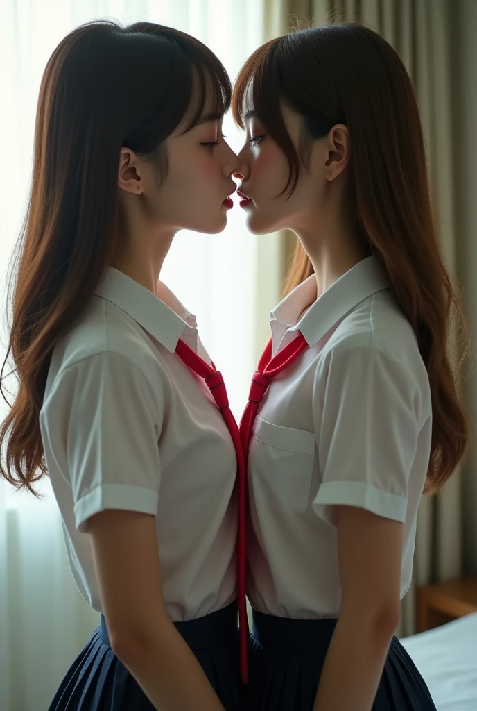 Photo realistic:1.3, A scene from a realistic movie, A coming-of-age film about a high school girl couple, Overall, it has a sweet and sour atmosphere., Realistic face and eyes:1.4, Realistic skin:1.5, ((2 Japanese high school girl)), (((Cute 2 girl))), yuri, Japanese Idols, (school uniform), (White shirt), (Red tie), (Navy blue pleated skirt), mini skirt, Are standing, Perfect female figure, Perfect Face, Glossy pink lips, Expressive eyes, eye shadow, eyeliner, Huge natural breasts, (Tight waist), Light brown hair, short hair, (Floating Hair), Expressive hair, (Over-rimmed glasses), Long eyelashes, (((kiss, kissing))), Bedroom, close eyes, Ultra-high resolution, Attention to detail, Ultra-high quality, (Cowboy Shot), masterpiece, Accurate, Anatomically correct, Textured skin, Super Detail, high quality