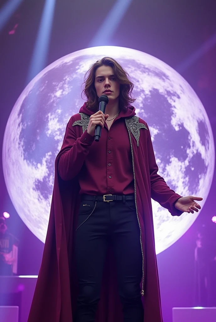 artwork best quality realistic image handsome american male ager long brown hair light skin with burgundy button down shirt and black pants with burgundy coat cape and hood on head with intricate silver details glowing inside a giant crystal ball and singing with a microphone in his hand with purple lights around him illuminating him intricate details seen from afar at a concert with details uhq details 8k realism