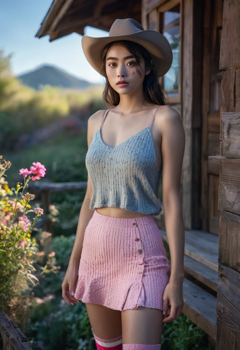 (masterpiece, realistic, best quality, ultra detailed), intricate, professional photography, HDR, High Dynamic Range, (8k UHD), RAW photo, dslr, realistic LUT, cinematic LUT, perfect lighting, professional lighting, cinematic lighting, cinematic shadows, iridescent lighting, solo,(1girl:1.3),(standing:1.3),(looking at viewer:1.4),Elegant,detailed gorgeous face,(cowboy shot:1.2),morning,(outside background:1.2), flower park, black eye,heart,(pink knit camisole, pink skirt,socks),
