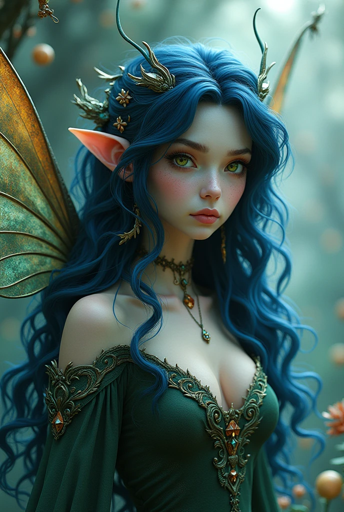Fairy with big dark blue hair, with different colored eyes, with a single wing
