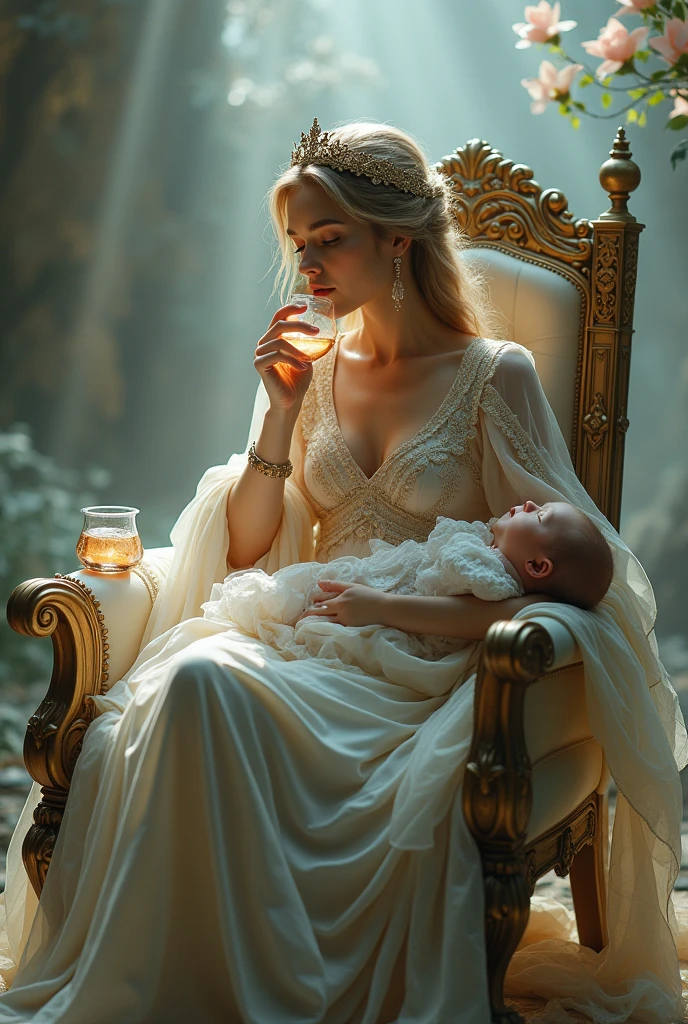 A princess drinks, on a cradle-like throne dressed in royal robes, 