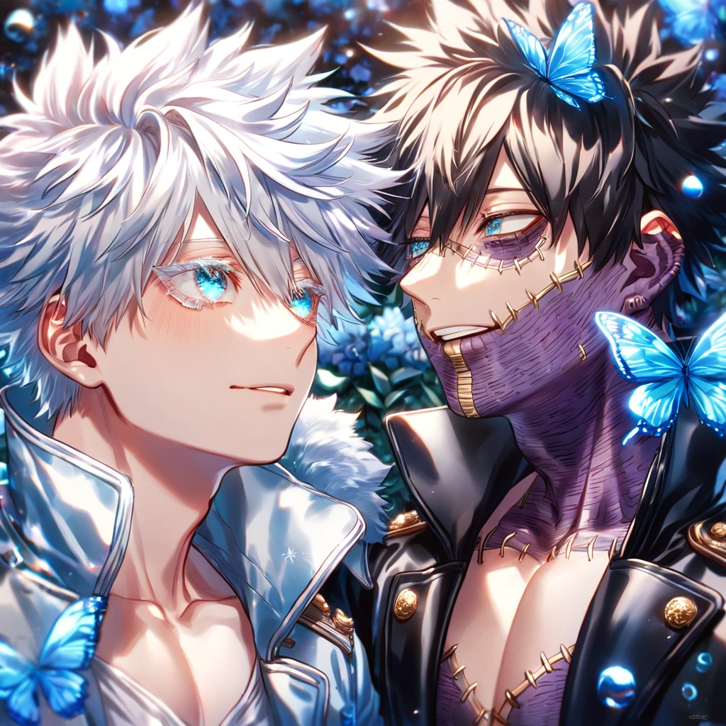 absurdres, highres, ultra detailed, HDR) master piece, best quality, extremely detailed, detailed eyes, detailed face, delicated features, Dabi, black hair, expressive turquoise eyes, Boku No Hero Academia, Gojou Satoru, white hair, expressive blue eyes, white eyelashes, two sexy men together, yaoi, gay couple, in love, handsome, black leather coat with high collar, light-blue jacket with fur, fantasy, magical, glittering, water, blue flames, blue moon, blue flowers, blue butterflies, garden