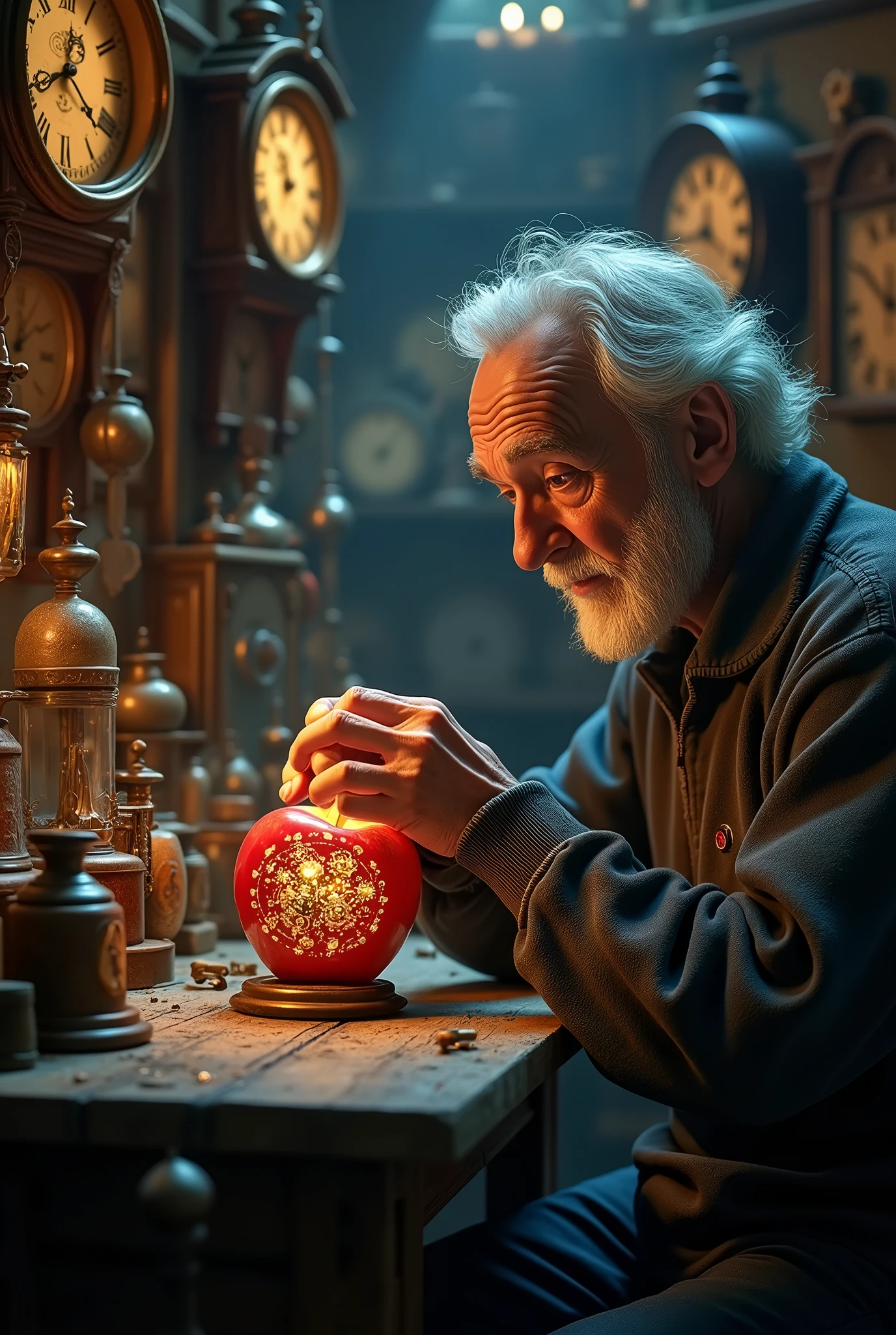 8k , masterpiece , realphoto , high resolution , break , As the night deepened, the small antique clock shop somewhere in the city was enveloped in silence. The elderly shopkeeper sat in front of his cluttered workbench, surrounded by scattered gears and screws, meticulously repairing an old pocket watch. The occasional ticking of the clocks filled the room, blurring the line between the shop and the outside world.

Suddenly, the shop's door creaked open. Though no one was supposed to be there, a gust of wind swept in, and an apple rolled across the floor. At first glance, it looked like an ordinary fruit, but the old man sensed something strange about it.

"This... is no ordinary apple," he muttered.

He carefully picked up the apple and examined its surface. Tiny, intricate patterns of clock gears were etched into the skin, as if the apple itself held control over the flow of time.

As the old man gazed at the apple, it began to slowly rotate. The rotation quickened, and soon the apple hovered in mid-air, filling the shop with the frenzied sound of spinning gears. The apple's surface split open, revealing a small pocket watch inside.

The watch, however, was not ticking forward; its hands were spinning backward. As the seconds rapidly reversed, the scene inside the shop began to rewind. The worn and aged objects in the room regained their former brilliance, the old man's own hands restoring the pocket watch to its original condition.

In that instant, the old man saw a younger version of himself—full of dreams and passion, untouched by time. But as he held the apple, it began to wither and blacken. The power to manipulate time had come at a cost; the apple was losing its vitality.

"This clockwork apple might symbolize the fleeting nature of time itself," the old man whispered.

He gently let go of the apple. It floated briefly before stopping its rotation, and the madness that had taken hold of time in the shop dissipated. The apple returned to its original form 