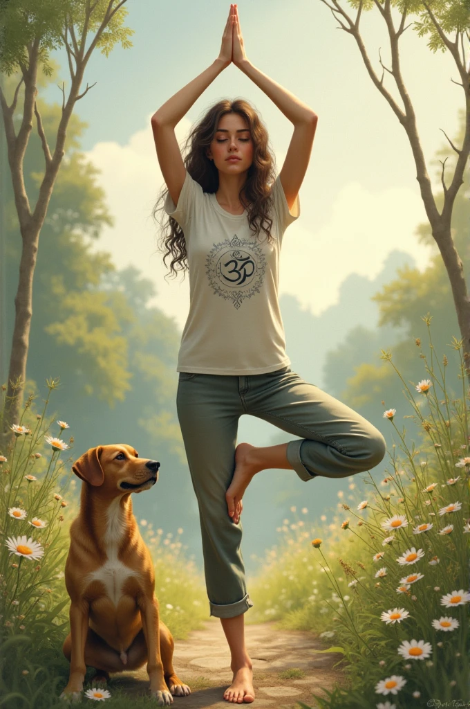 A girl yoga with dogy style with front tshirt name Om