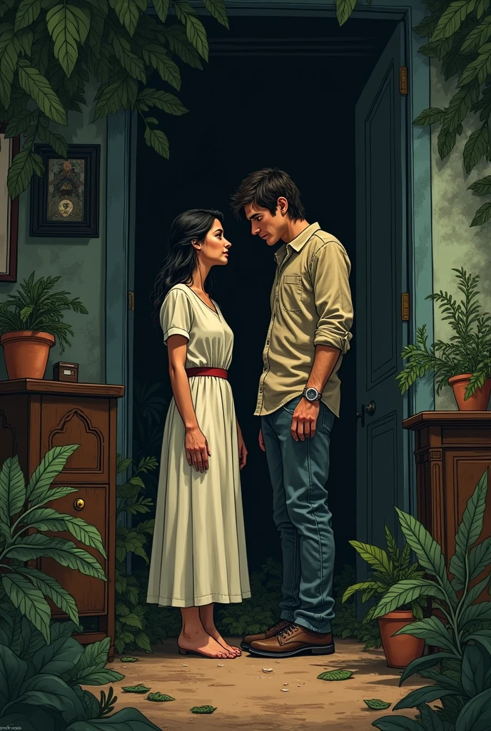 En una escena que ilustra la relación entre Rebeca y Jose Aureliano Buendía, They both stand together in a dark corner of the house, surrounded by antique furniture and uncontrolled vegetation. Rebeca, dressed in simple but elegant clothes, shows a mixture of melancholy and determination on his face. Jose Aureliano, looking disheveled and tired, He looks at her with affection. The scene reflects both their emotional closeness and the tensions that exist between them., Capturing the complexity of their bond in an atmosphere filled with nostalgia. cartoon