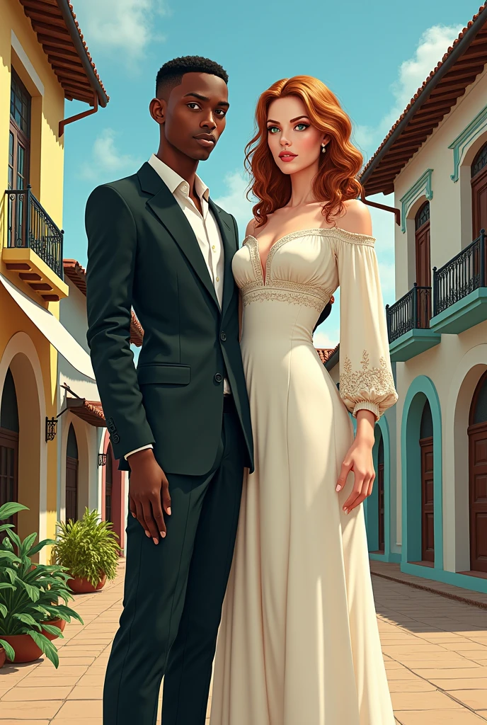 Illustration of a couple consisting of a young black man with short haircut, super tall stature with a thin but muscular body, with thin facial features wearing formal clothing and by an extremely white woman, lowrise, curvilinea, with broad shoulders, with a wide and defined body, green-eyed, with wavy light brown hair with a shade of red, wide hip, thick-thighs, tiny waist and very large buttocks wearing a long, long-sleeved, modest dress. The two at a well-known tourist spot in the city of Vitória da Conquista in Bahia, Brazil.