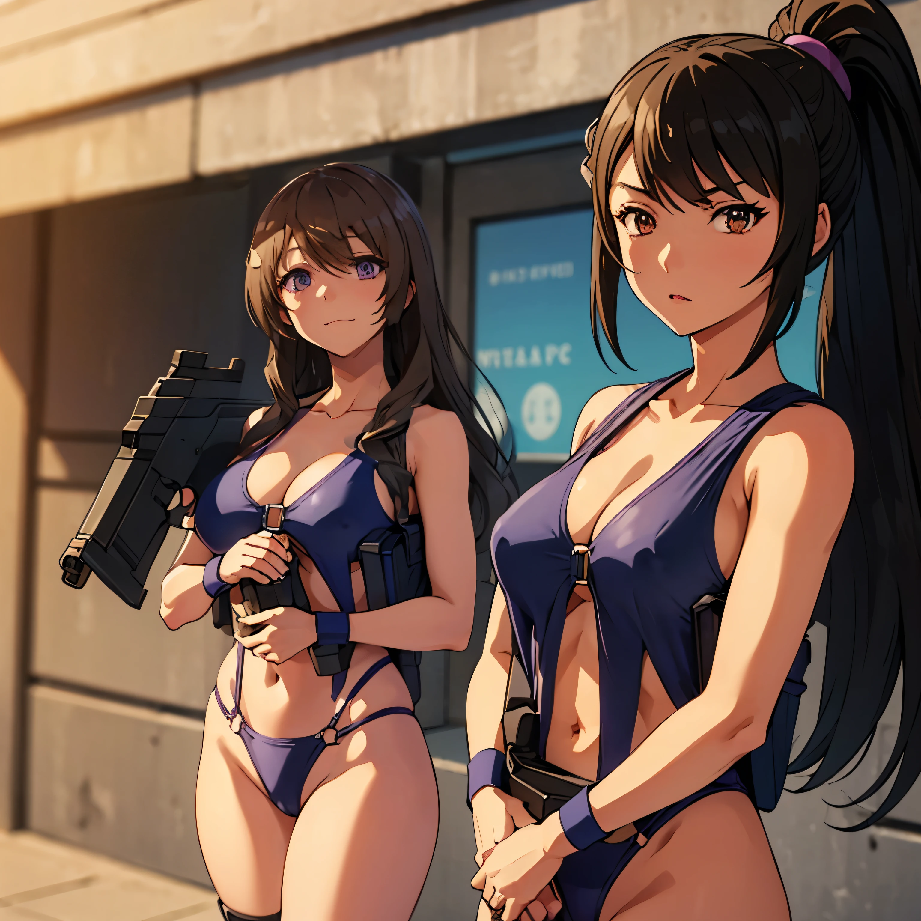 expressionless, blank eyes, looking at viewer, emotionless, corruption, mind control, female combatant, hypnotized, unhappy trance, obey, perfect female body, hypnosis, hypnoLora, empty eyes, Slave, dark persona, (((pixel-perfect, detail-perfect))), solo, 1girl, hair ornament, Chie, long hair, light brown hair, purple eyes, smile