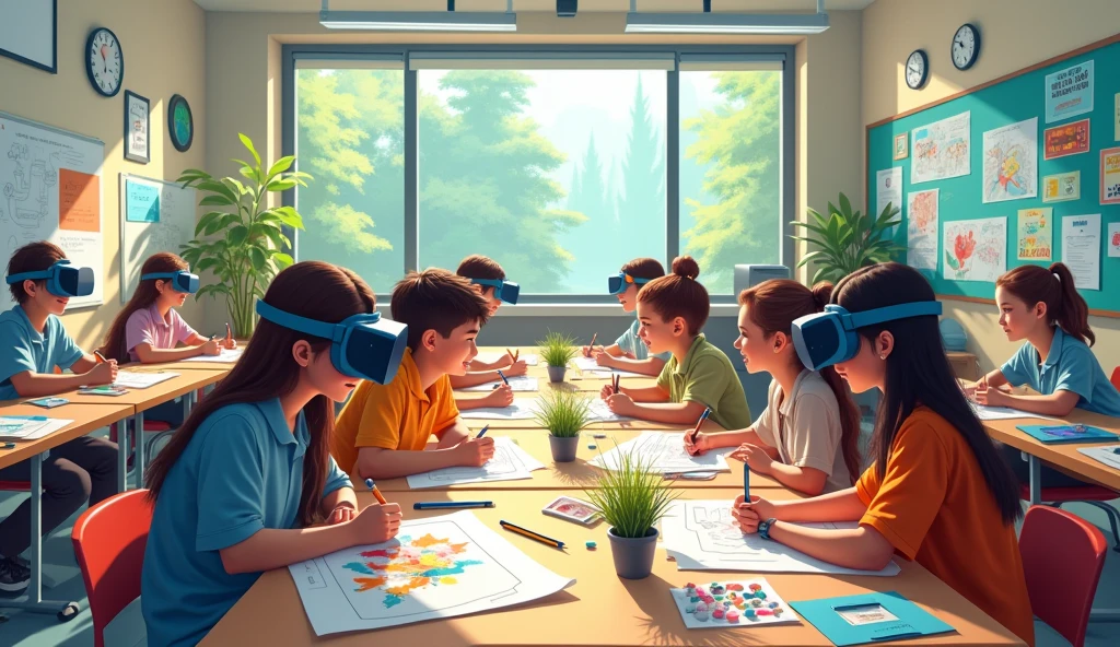 Depicting a bright classroom,Full of technology。Students in the classroom can use VR glasses for virtual reality learning,They can explore various scenarios and knowledge in an immersive way。at the same time,There are also students drawing cartoon characters,Showing their creativity and artistic talent,The students were discussing with each other very intensely.,Showing your own project plans and design ideas