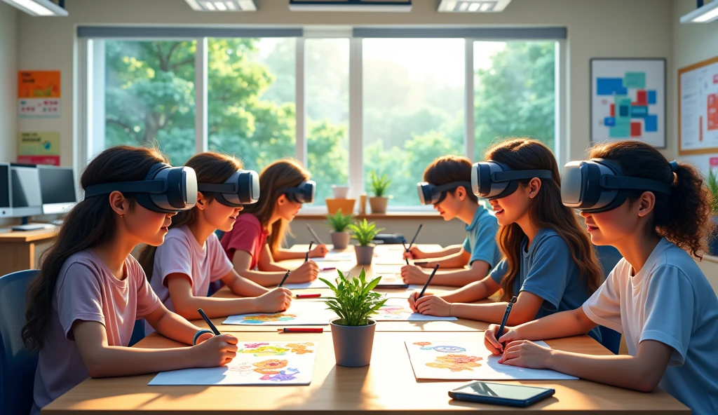 Depicting a bright classroom，Full of technology。Students in the classroom can use VR glasses for virtual reality learning，They can explore various scenarios and knowledge in an immersive way。at the same time，There are also students drawing cartoon characters，Showing their creativity and artistic talent,The students were discussing with each other very intensely.，Showing your own project plans and design ideas