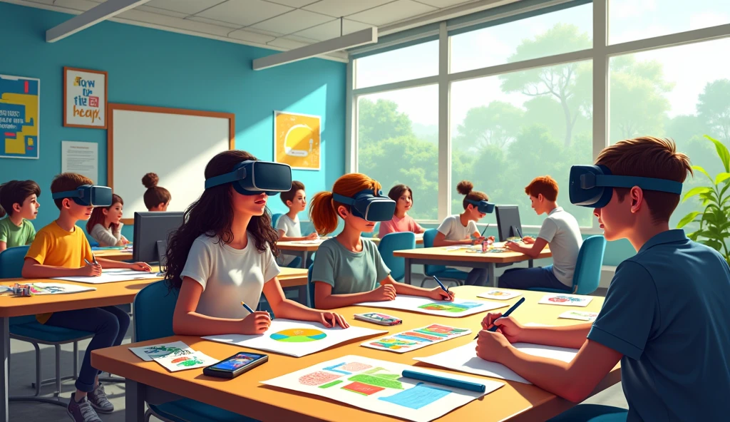 Depicting a bright classroom,Full of technology。Students in the classroom can use VR glasses for virtual reality learning,They can explore various scenarios and knowledge in an immersive way。at the same time,There are also students drawing cartoon characters,Showing their creativity and artistic talent,The students were discussing with each other very intensely.,Showing your own project plans and design ideas
