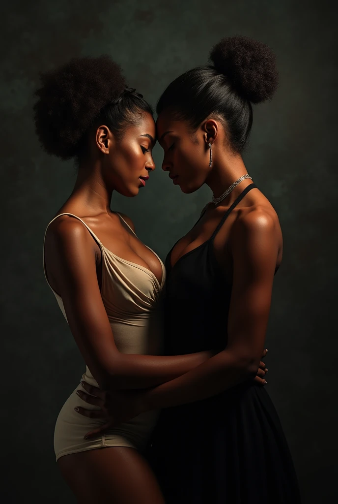 a black woman with hair in a bun, wearing a black hoodie and black leather shorts, being penetrated anally by an older woman in a dress, intricate details, high resolution, photorealistic, dramatic lighting, cinematic composition, intense shadows, hyper detailed, 8k, masterpiece