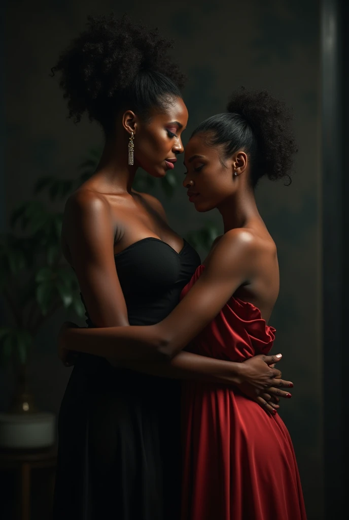 a black woman with hair in a bun, wearing a black hoodie and black leather shorts, being penetrated anally by an older woman in a dress, intricate details, high resolution, photorealistic, dramatic lighting, cinematic composition, intense shadows, hyper detailed, 8k, masterpiece