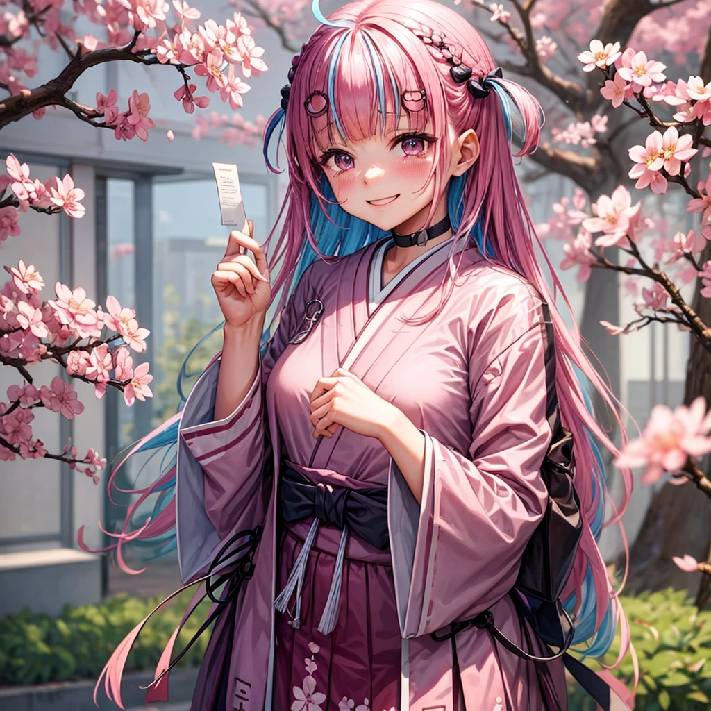 japanese school,commencement,Under the cherry blossom tree,Cherry blossoms fall,Graduation certificate in hand,Smile,Tears from the corners of the eyes
