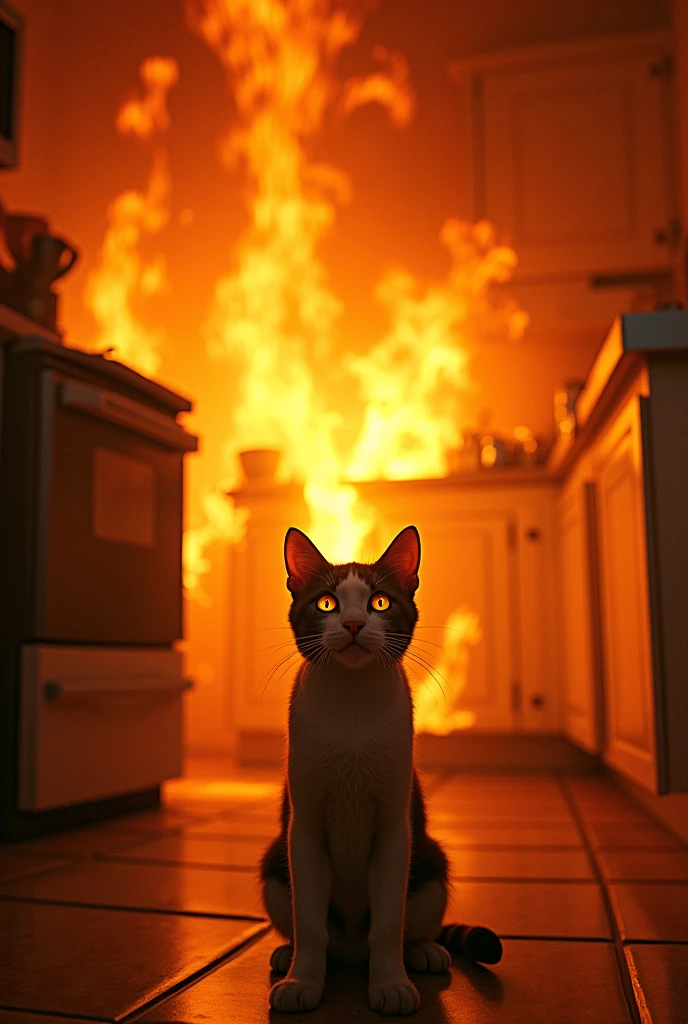 "A kitchen engulfed in flames, orange and red hues glowing, with a cat standing in the foreground, eyes wide with alarm, sensing imminent danger."