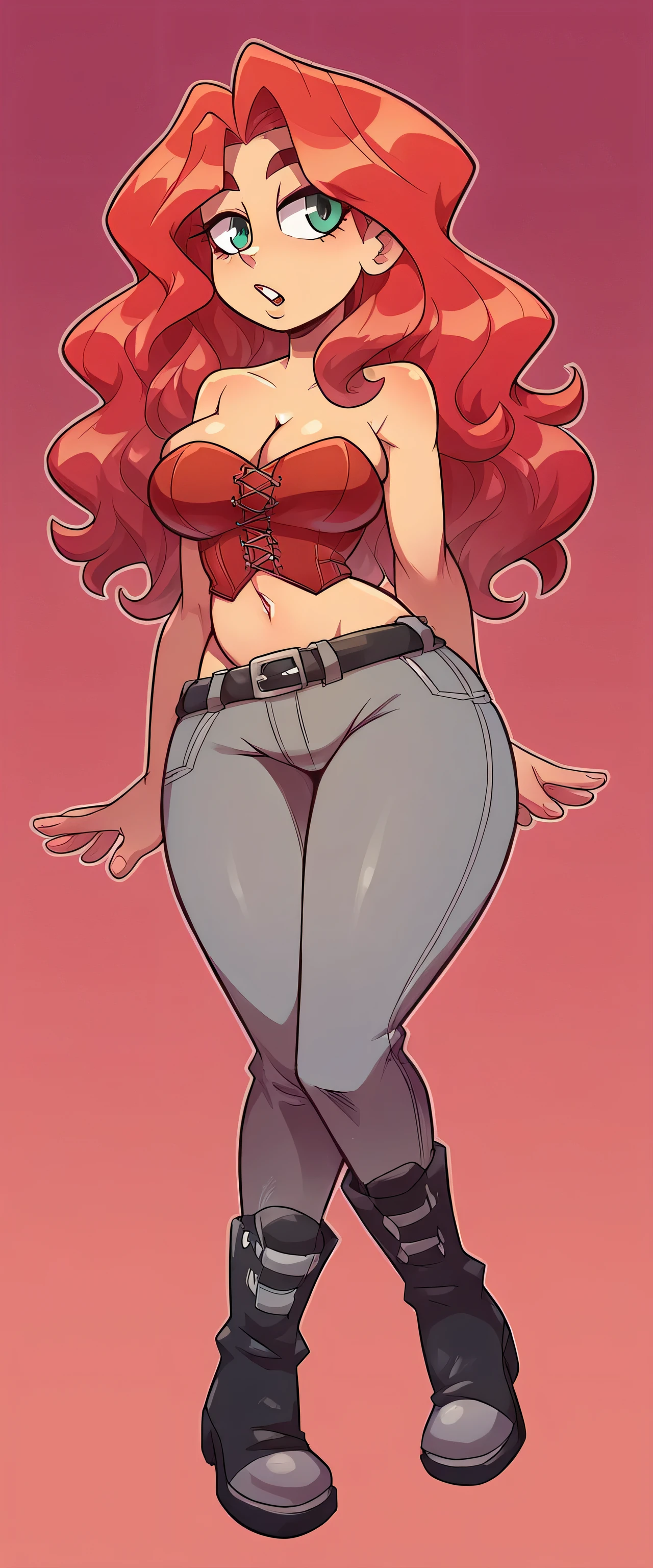  a tall, beautiful, and curvy woman with red wavy hair is depicted. She exudes happiness and sexiness, with a kind expression and striking red-tipped eyelashes. Her eye color is a captivating clear red. She is dressed in a stunning red corset top, revealing her navel, and a fitted gray pant with a black belt. Her outfit is completed by a pair of coffee-colored boots showcasing the character's detailed features and the dynamic