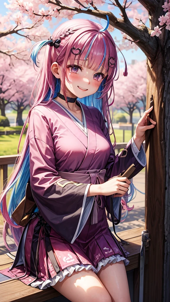 japanese school，commencement，Under the cherry blossom tree，Cherry blossoms fall，Graduation certificate in hand，Smile，Tears from the corners of the eyes