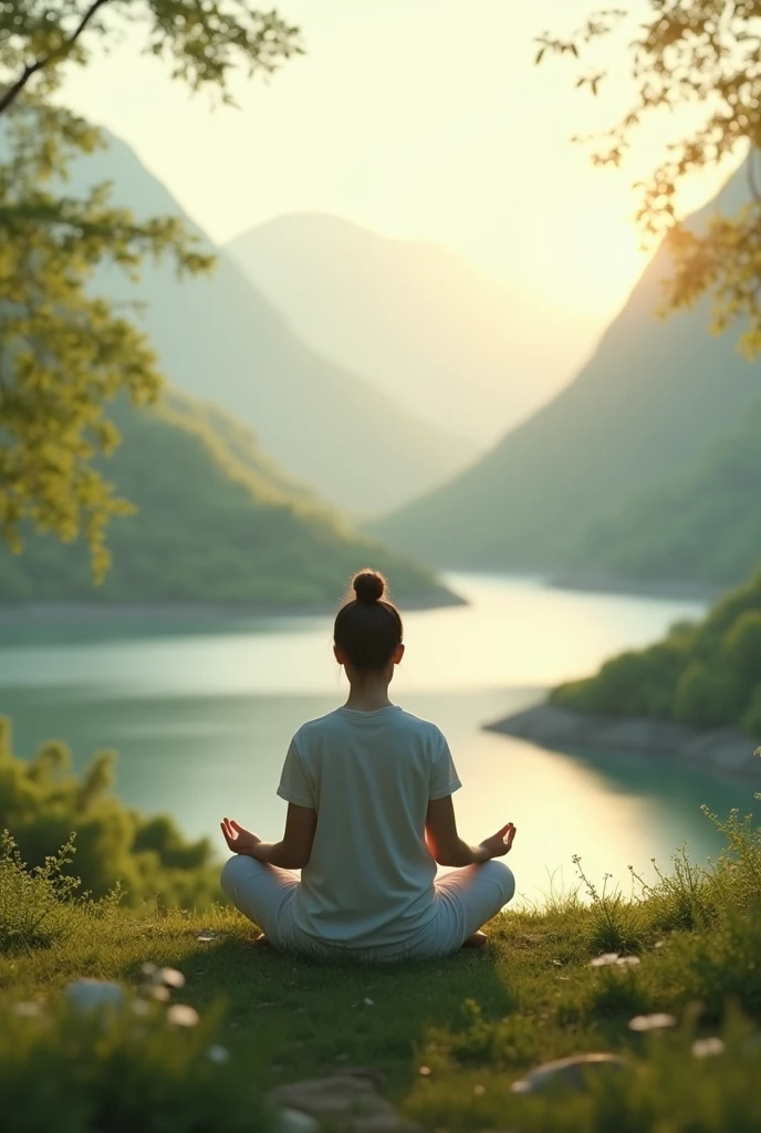A serene landscape with a calm person meditating, symbolizing mental health recovery and resilience, in a realistic style with soft lighting, representing the concept of overcoming trauma and self-care.