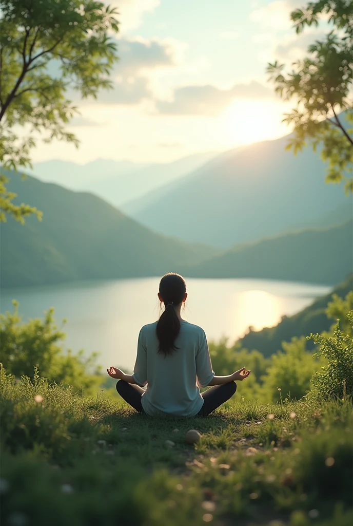 A serene landscape with a calm person meditating, symbolizing mental health recovery and resilience, in a realistic style with soft lighting, representing the concept of overcoming trauma and self-care.