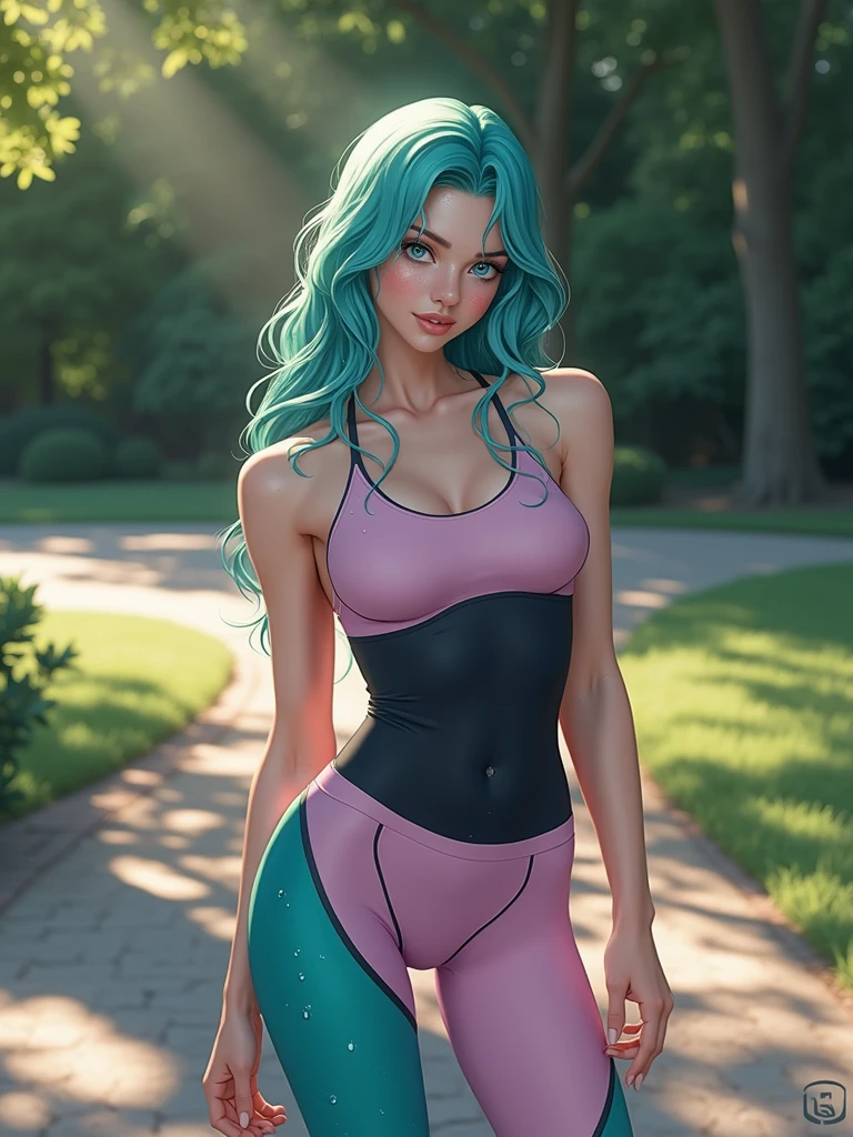 A beautiful young woman with wet cyan hair and alluring blue eyes, pose gracefully after an intense workout, masterpiece, high quality, 8k, photorealistic, dynamic lighting, glowing skin, beads of sweat, detailed facial features, ripped athletic physique, sensual expression, outdoor morning scene, lush green foliage, warm sun rays, serene atmosphere, big breats, voluptous