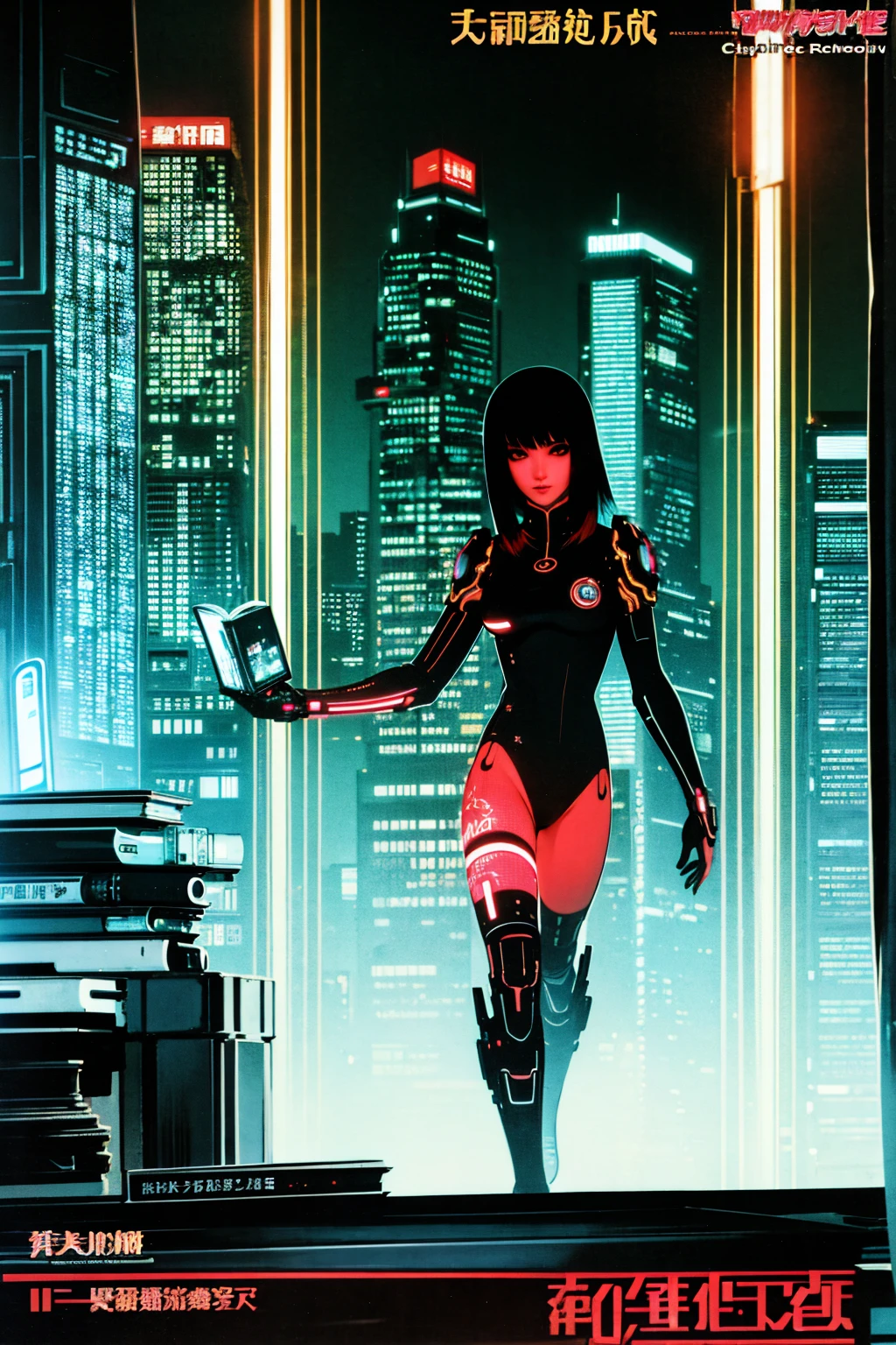cyberpunk book cover. cybernetic chinese sexy girl hacker wearing red cheonsam in cyberpunk chinese apartment with window view to megacity corporation black skyscrapers at night