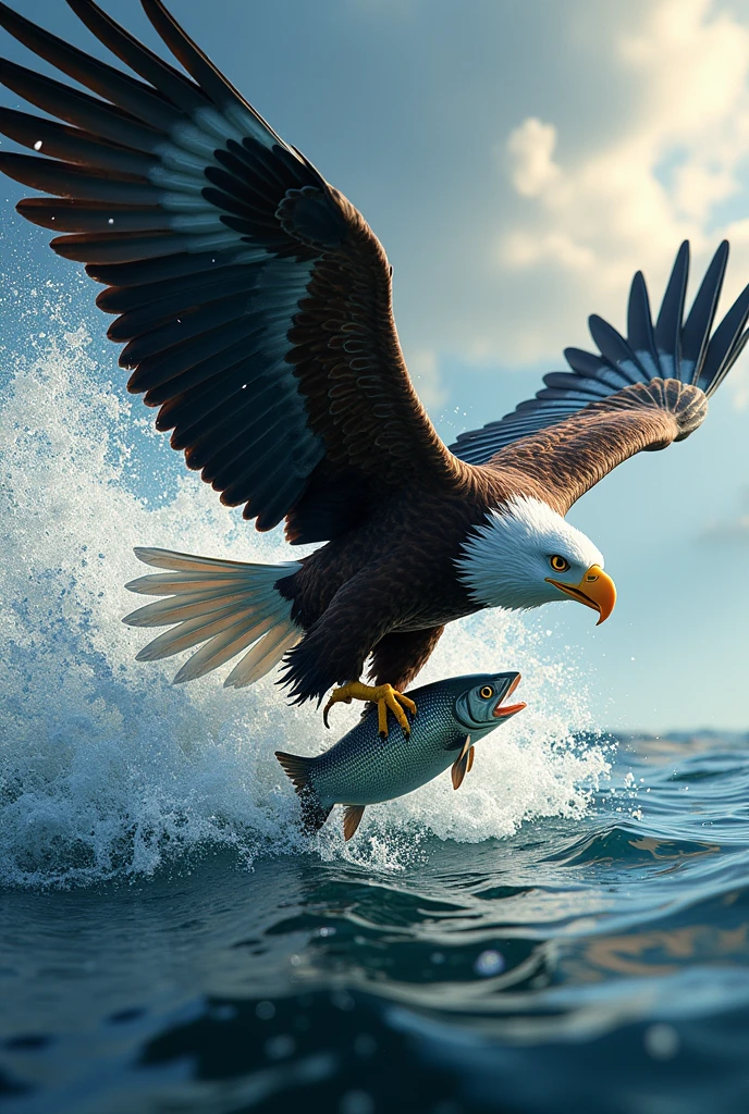 A logo of an eagle catching a fish with splashes of water and rare view