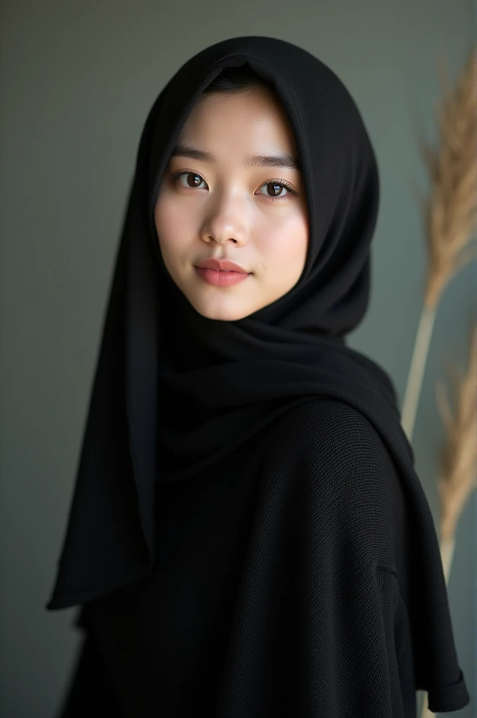 beautiful korean women, smooth white skin , well-groomed face. smile, Black knitted hijab, Black knit dress with balloon sleeves,pose looking at the camera. Blurred background,