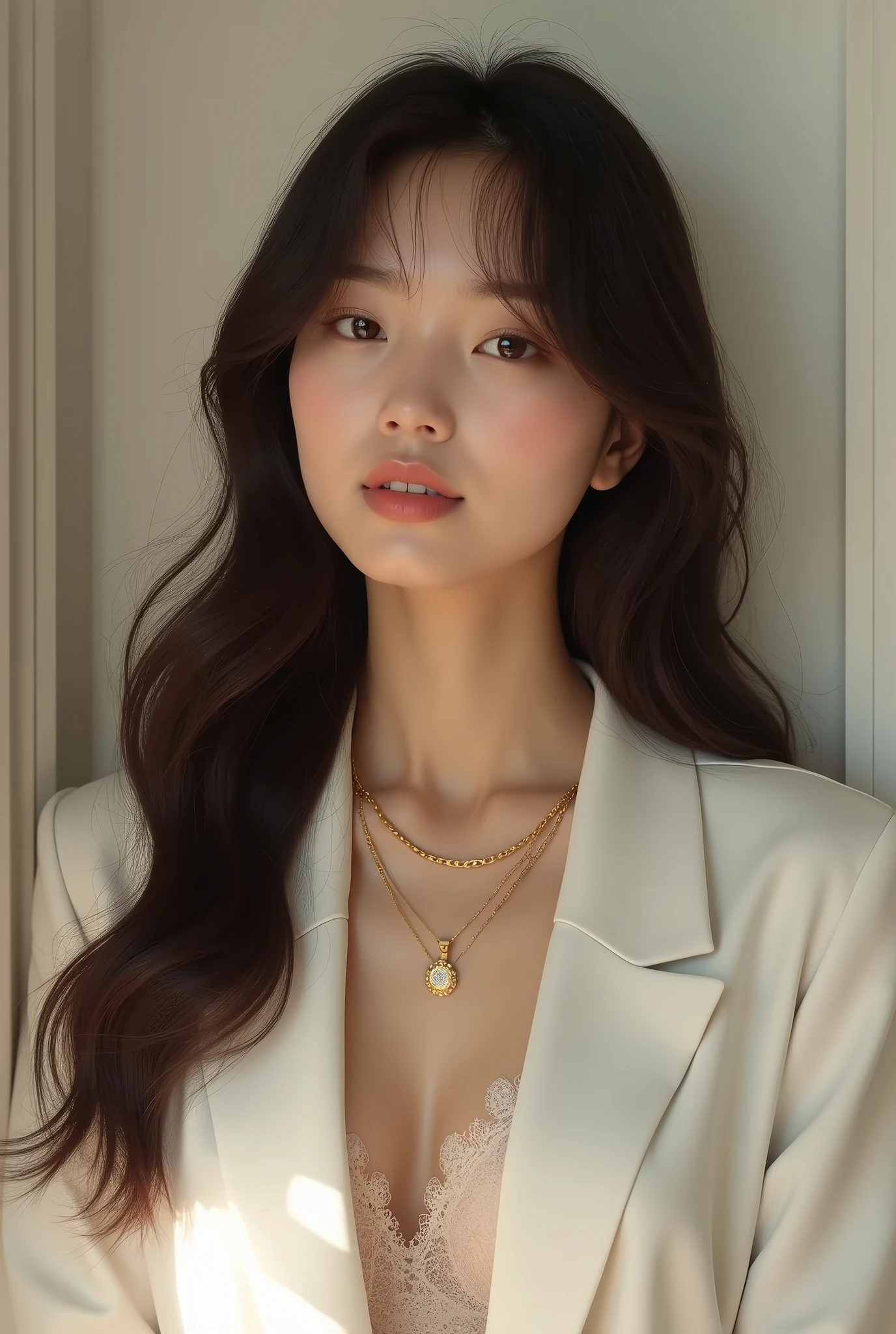 A woman wearing a white jacket and a gold necklace, long brown hair with bangs, Long haired asian girl, Brown long hair, 美しいAsian Woman, long flowing dark brown hair, long black hair with a thin sheen, Asian Woman, Long black hair, dark Brown long hair, Gemma Chan Girl Portrait, Cindy Avelino