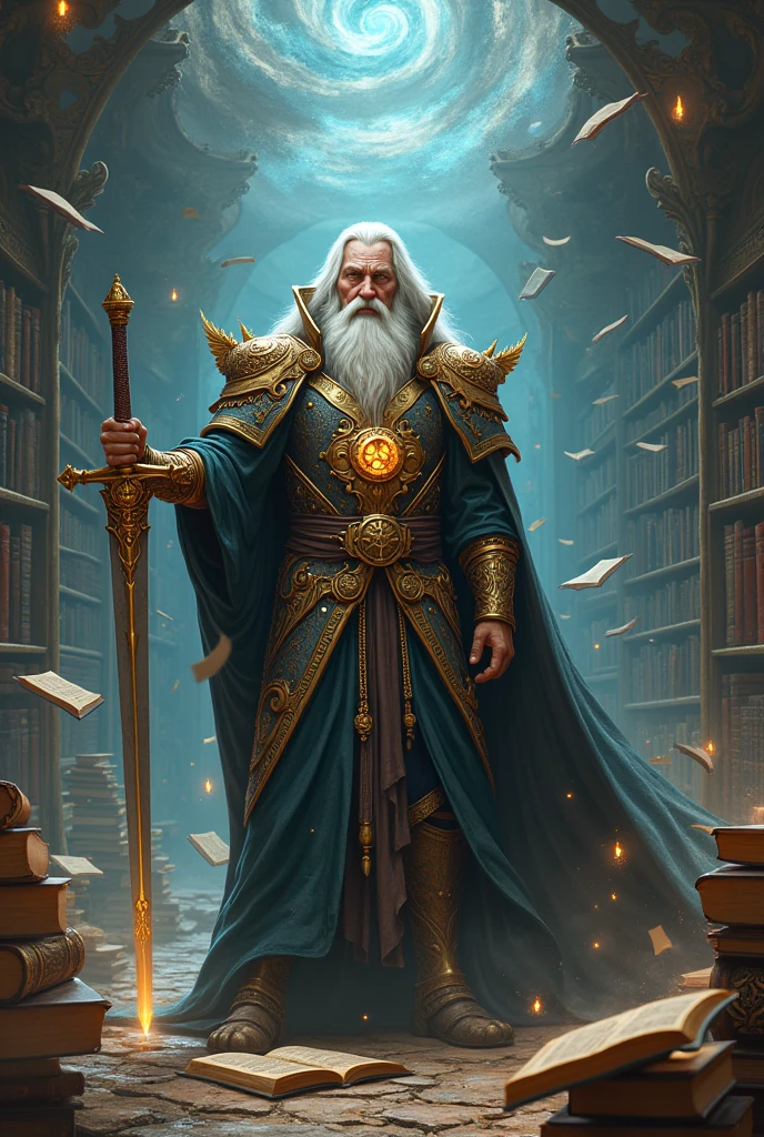 Un sage, en armure ornée de symboles mystiques. Son épée magique, flottante, est entourée d'énergies arcaniques. Il se tient dans une bibliothèque infinie, entouré de livres volants et de runes lumineuses. Résolution Haute, Qualité Meilleure, Details, 