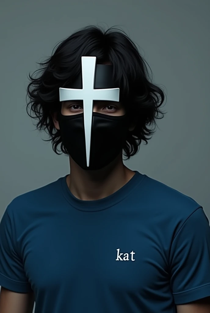 A man with wavy black hair wearing a black mask, a white cross-shaped mask, a blue short-sleeved shirt, a small KAT word on his shirt.